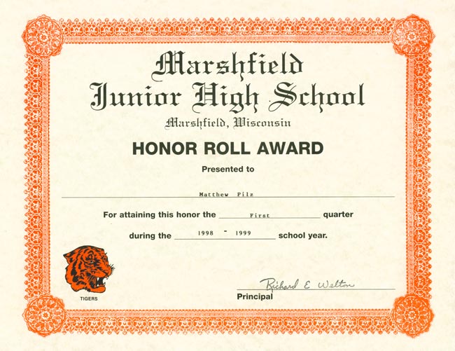 MJHS Honor Roll Award