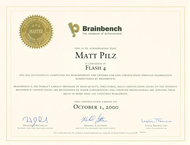 Brainbench Certificate Flash 4