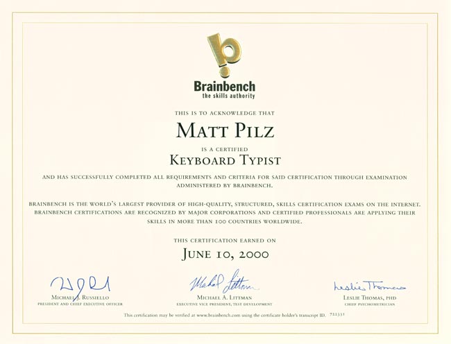 Brainbench Certificate Keyboard Typist