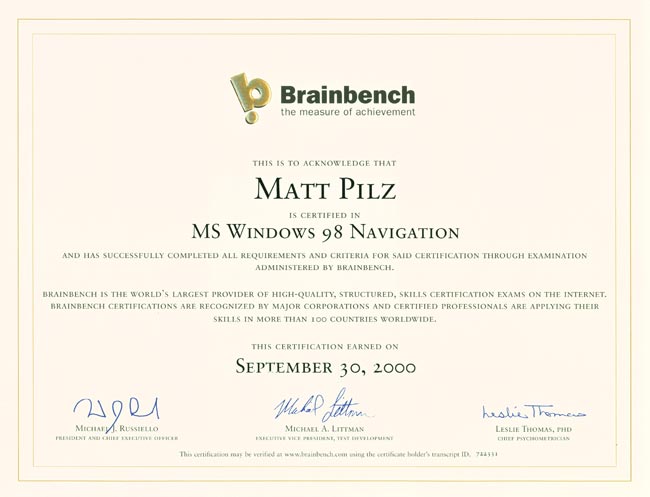 Brainbench Certificate MS Windows 98 Navigation