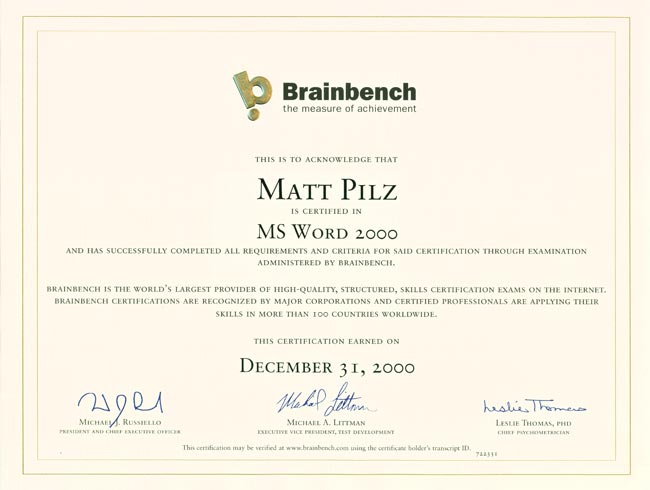 Brainbench Certificate MS Word 2000