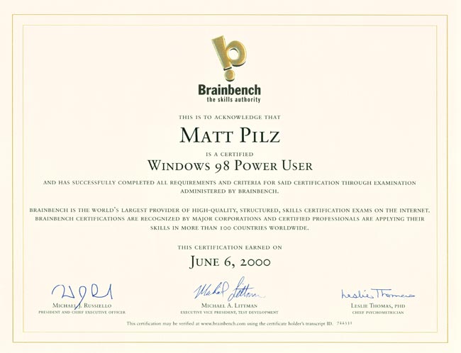 Brainbench Certificate Windows 98 Power User