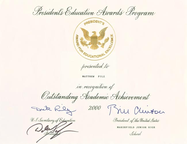 President's Education Awards Program Oustanding Academic Achievement Award