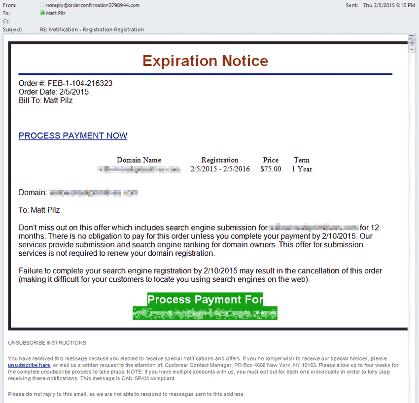 Expiration Notice Domain Scam