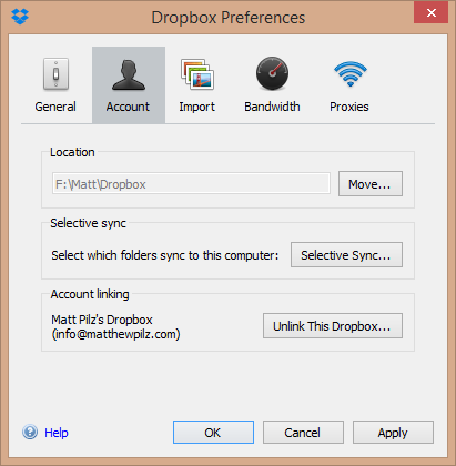 Dropbox Custom Storage Location