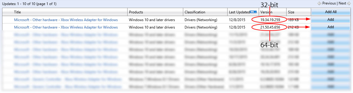 The top two results at the provided link will be for the 32 and 64-bit drivers for the Xbox One Wireless Adapter.